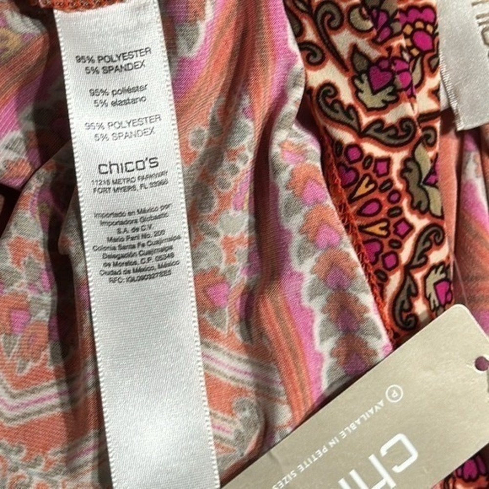 Chico's Dress Womens 1 M Orange Pink Paisley Print Short Sleeve Shift Boho Midi - Picture 4 of 4